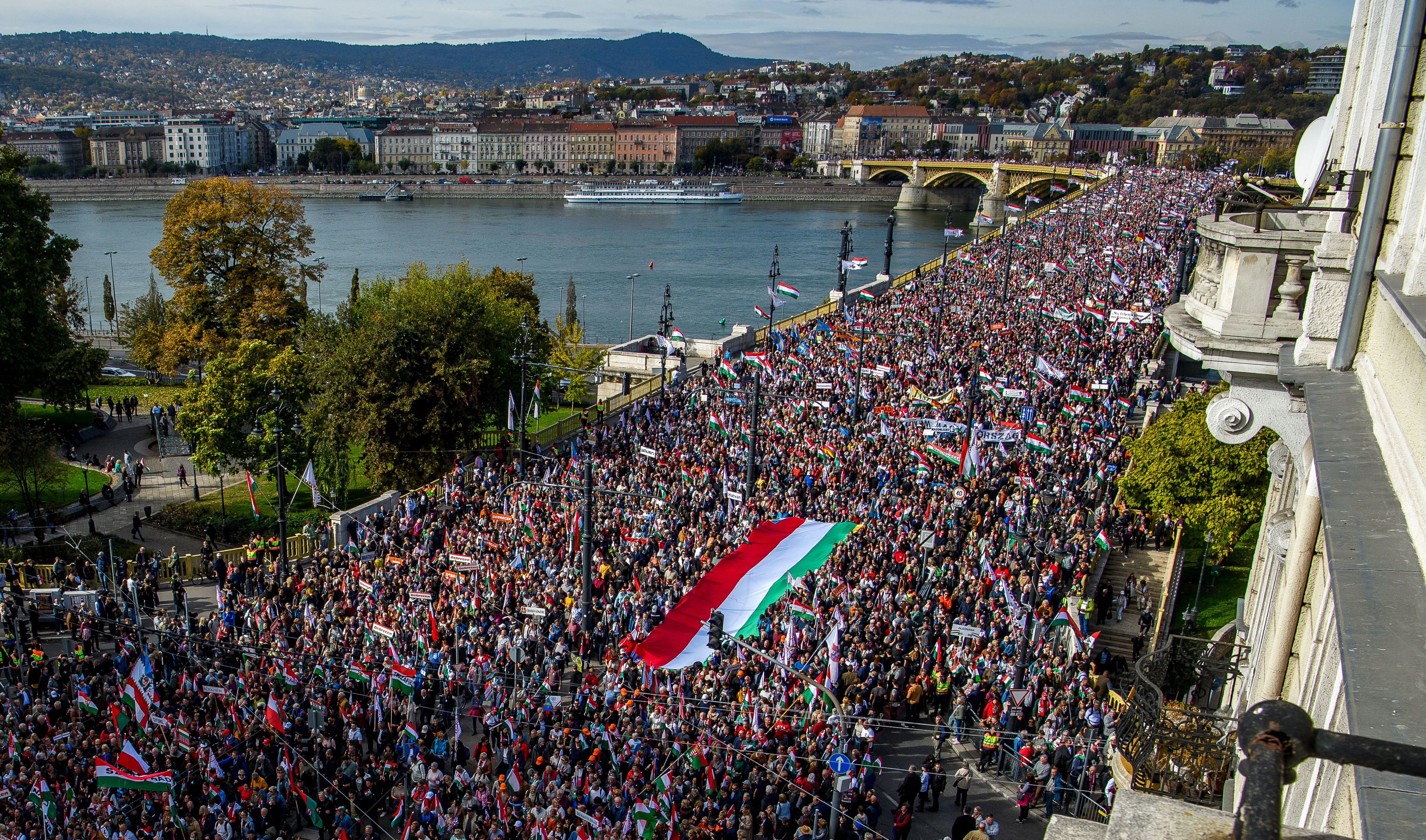 Day in Photos: Peace March in Budapest, Austria-Italy Rail Tunnel, Jacaranda Trees in Australia