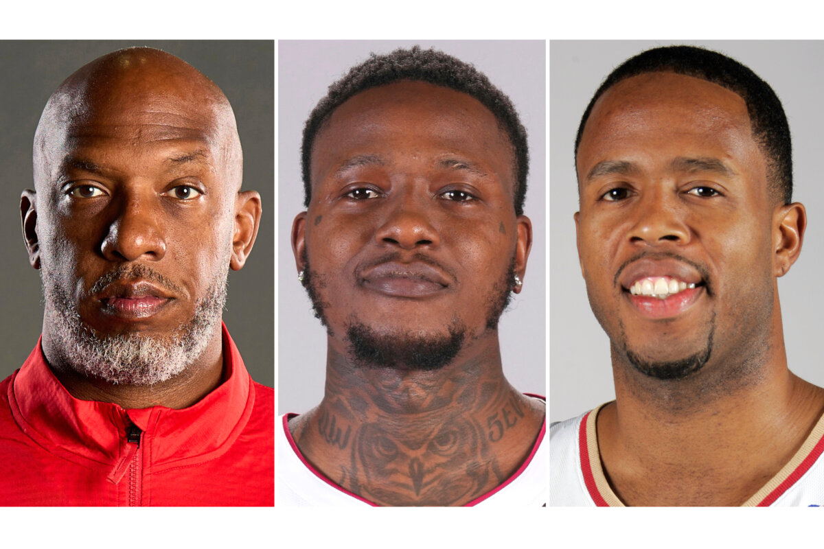 (L–R) Portland Trail Blazers head coach Chauncey Billups, Miami Heat guard Terry Rozier, and former Cleveland Cavaliers' Damon Jones. (AP Photo)