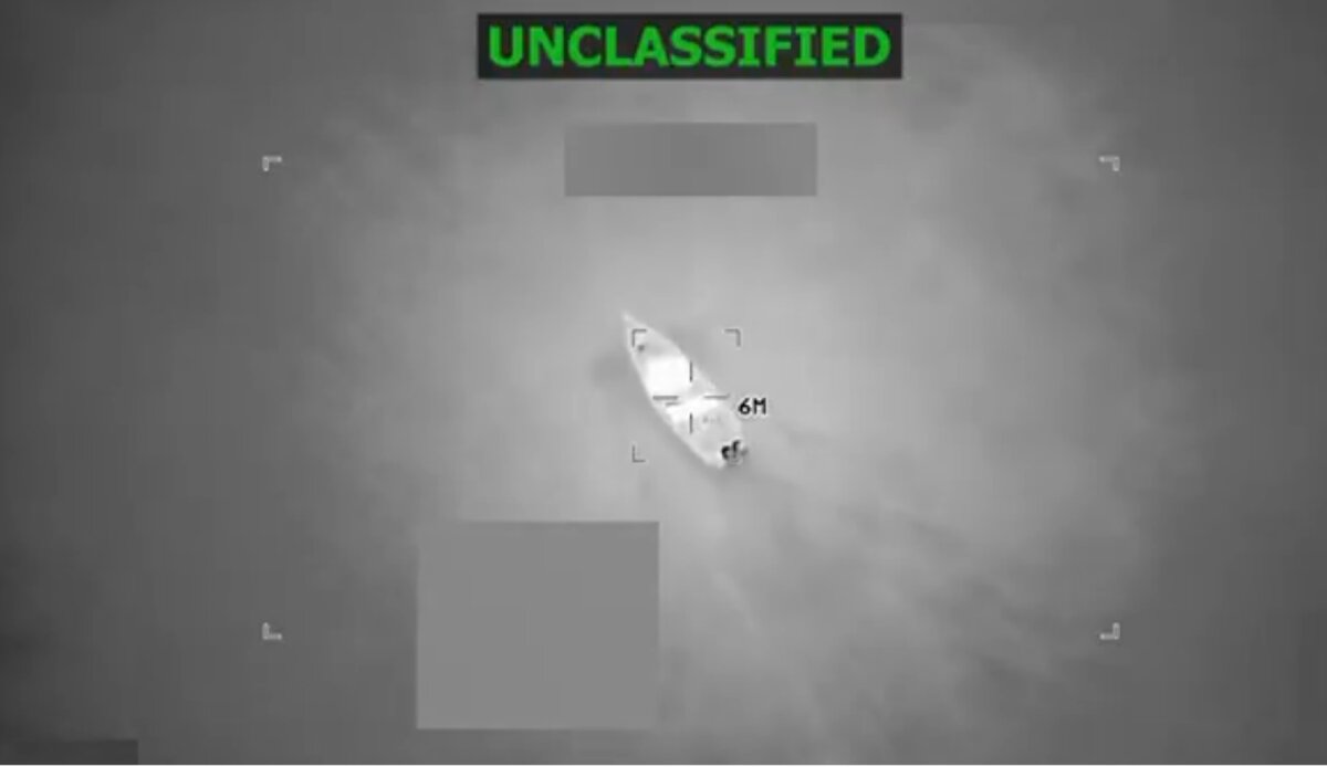 A screenshot shows the moment before a U.S. military strike on a vessel suspected of carrying narcotics through international waters near Venezuela, posted by War Secretary Pete Hegseth on Oct. 24, 2025. (Secretary of War Pete Hegseth via X)