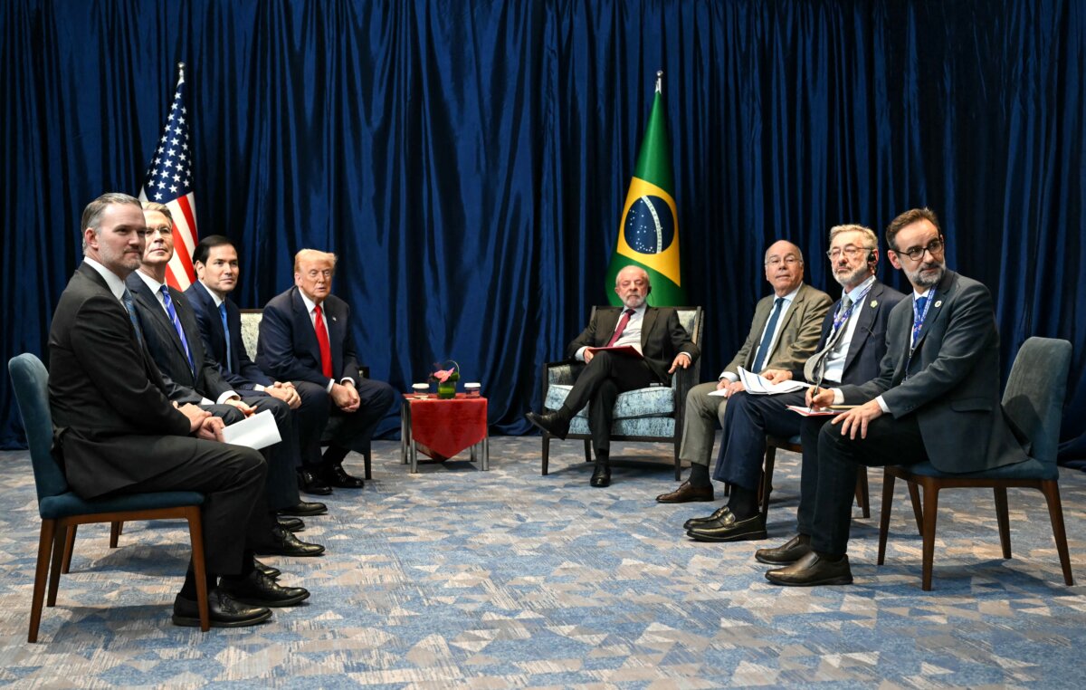 Brazil's President Luiz Inácio Lula da Silva (center R) holds a bilateral meeting with U.S. President Donald Trump (center L) on the sidelines of the 47th Association of Southeast Asian Nations summit in Kuala Lumpur, Malaysia, on Oct. 26, 2025. (Andrew Caballero-Reynolds/AFP via Getty Images)