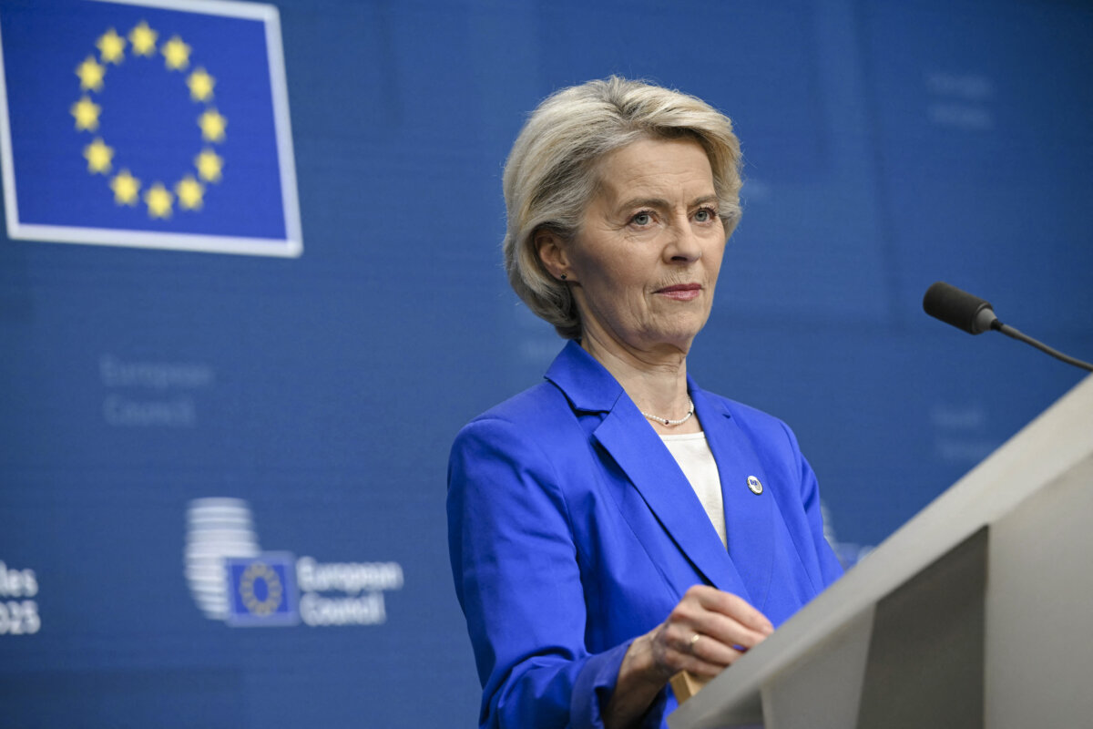 European Commission President Ursula von der Leyen speaks during a news conference as part of the European Council meeting to discuss Ukraine, European defense, recent developments in the Middle East, competitiveness, housing, and migration, in Brussels on Oct. 23, 2025. (Nicolas Tucat/AFP via Getty Images)