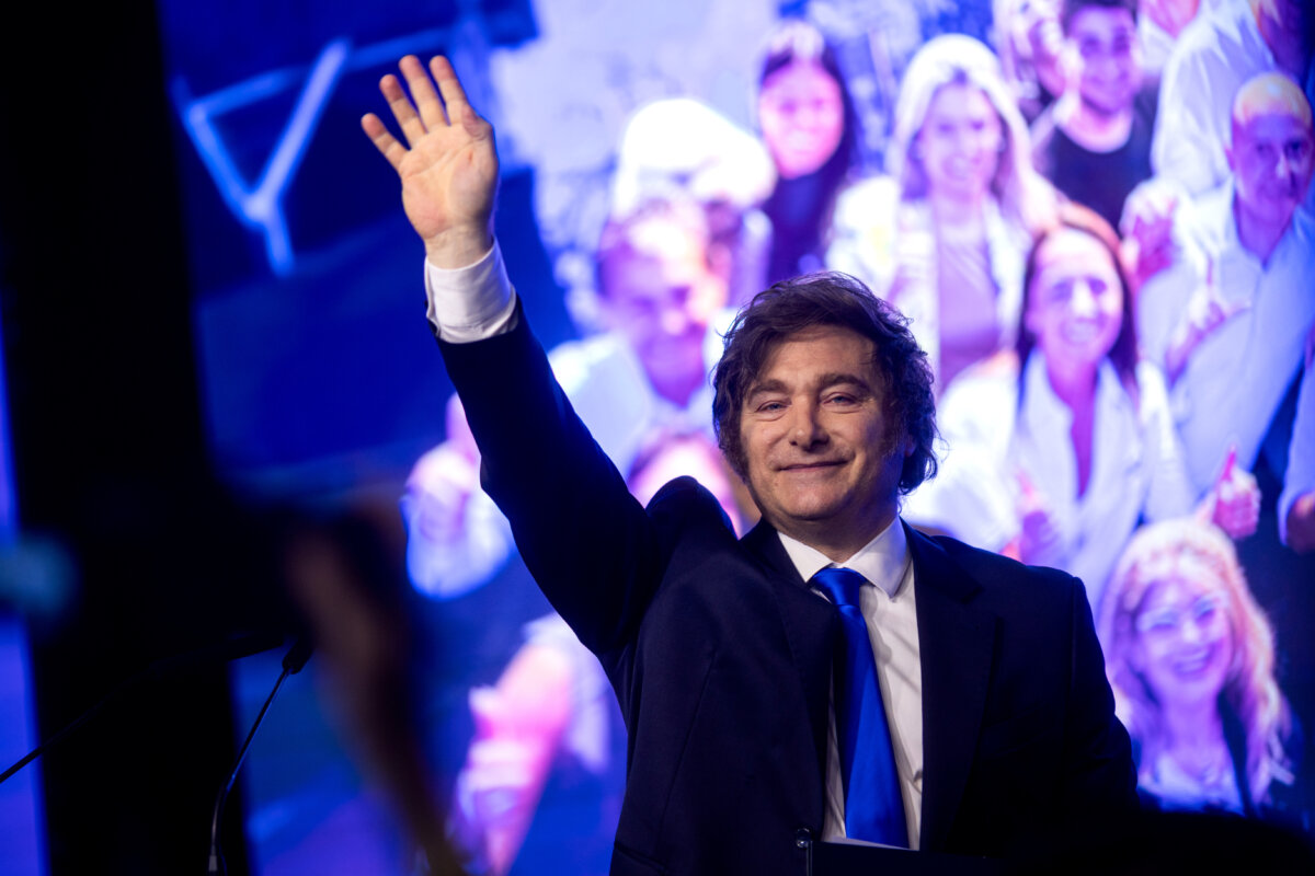 Argentine President Javier Milei waves to supporters in Buenos Aires on Oct. 26, 2025. (Tomas Cuesta/Getty Images)