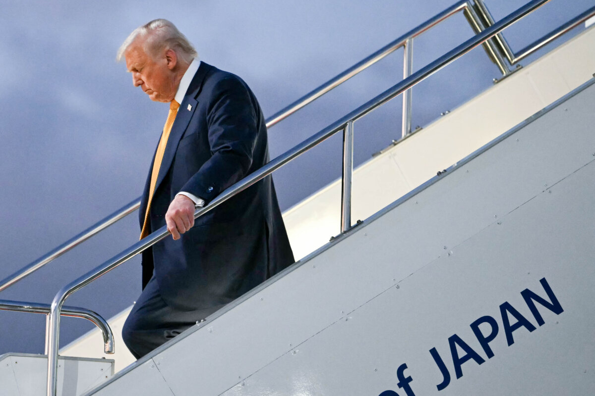 U.S. President Donald Trump leaves Air Force One upon arrival at Haneda Airport in Tokyo on Oct. 27, 2025. (ANDREW CABALLERO-REYNOLDS/AFP via Getty Images)
