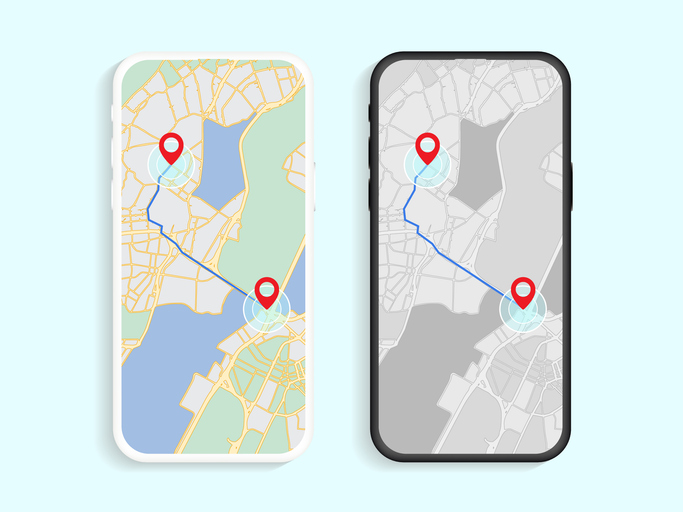 Smartphone GPS Navigation: Route Maps and City Location Features. GPS Maps and Street Location Search on smart mobile phone screen. Vector.