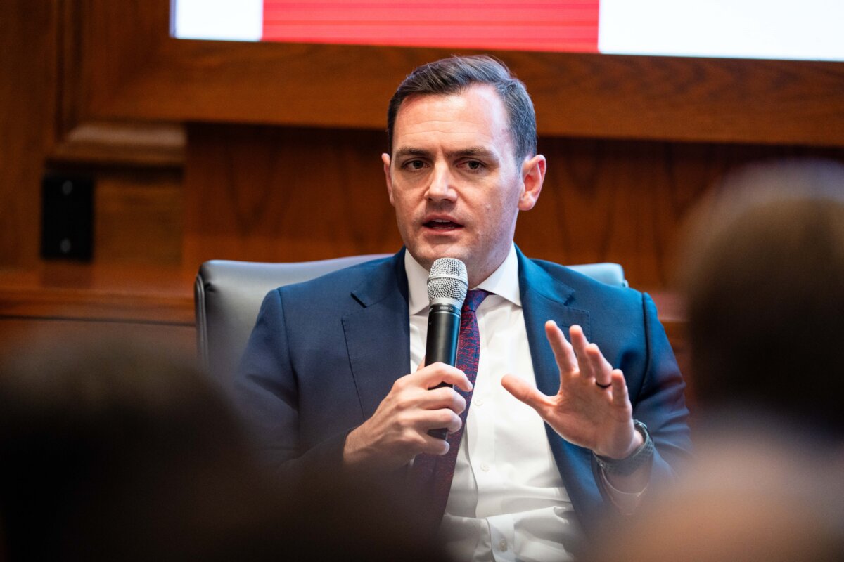 Former Rep. Mike Gallagher, Palantir Technologies head of defense and a distinguished fellow at the Hudson Institute, speaks during the China Forum at the Victims of Communism Memorial Foundation in Washington on Oct. 27, 2025. (Madalina Kilroy/The Epoch Times)