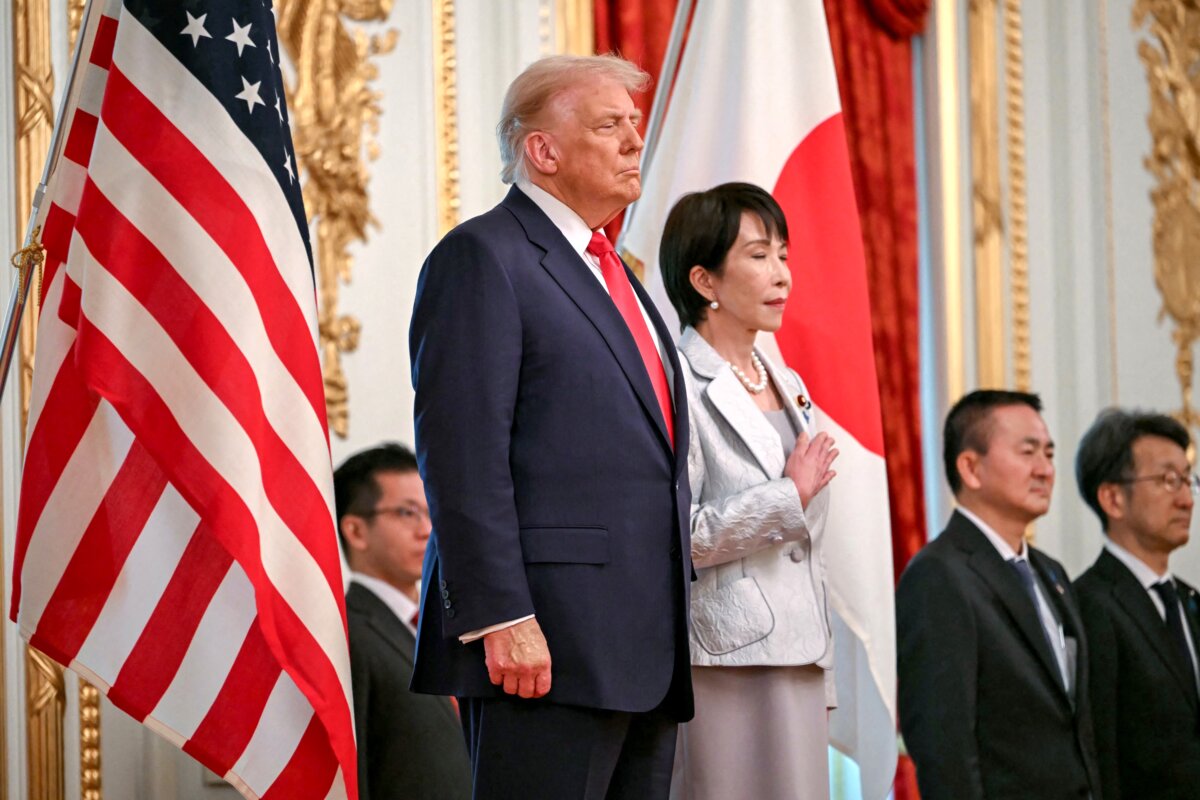 Japan's Prime Minister Sanae Takaichi (R) and U.S. President Donald Trump review an honor guard of the Japan Self-Defense Force at the Akasaka State Guest House in Tokyo on Oct. 28, 2025. (Andrew Caballero-Reynolds/AFP)