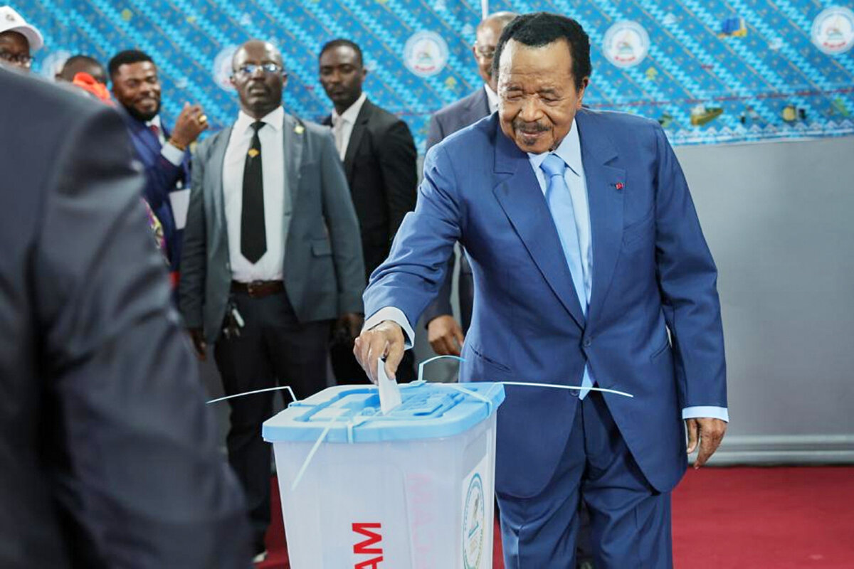 President Paul Biya casts his ballot at the Government Bilingual primary school Bastos in Yaounde, Cameroon, on Oct. 12, 2025. (Angel Ngwe/AP Photo)
