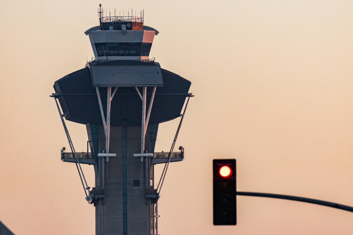 An air traffic control tower at Los Angeles International Airport on Oct. 28, 2025. (John Fredricks/The Epoch Times)