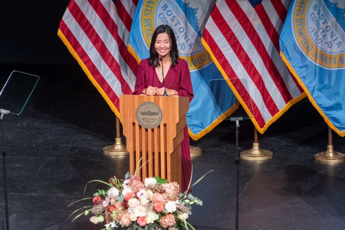 Boston Mayor Michelle Wu delivers her first State of the Schools speech at Josiah Quincy Upper School in Boston on Oct. 28, 2025. (Learner Liu/The Epoch Times)
