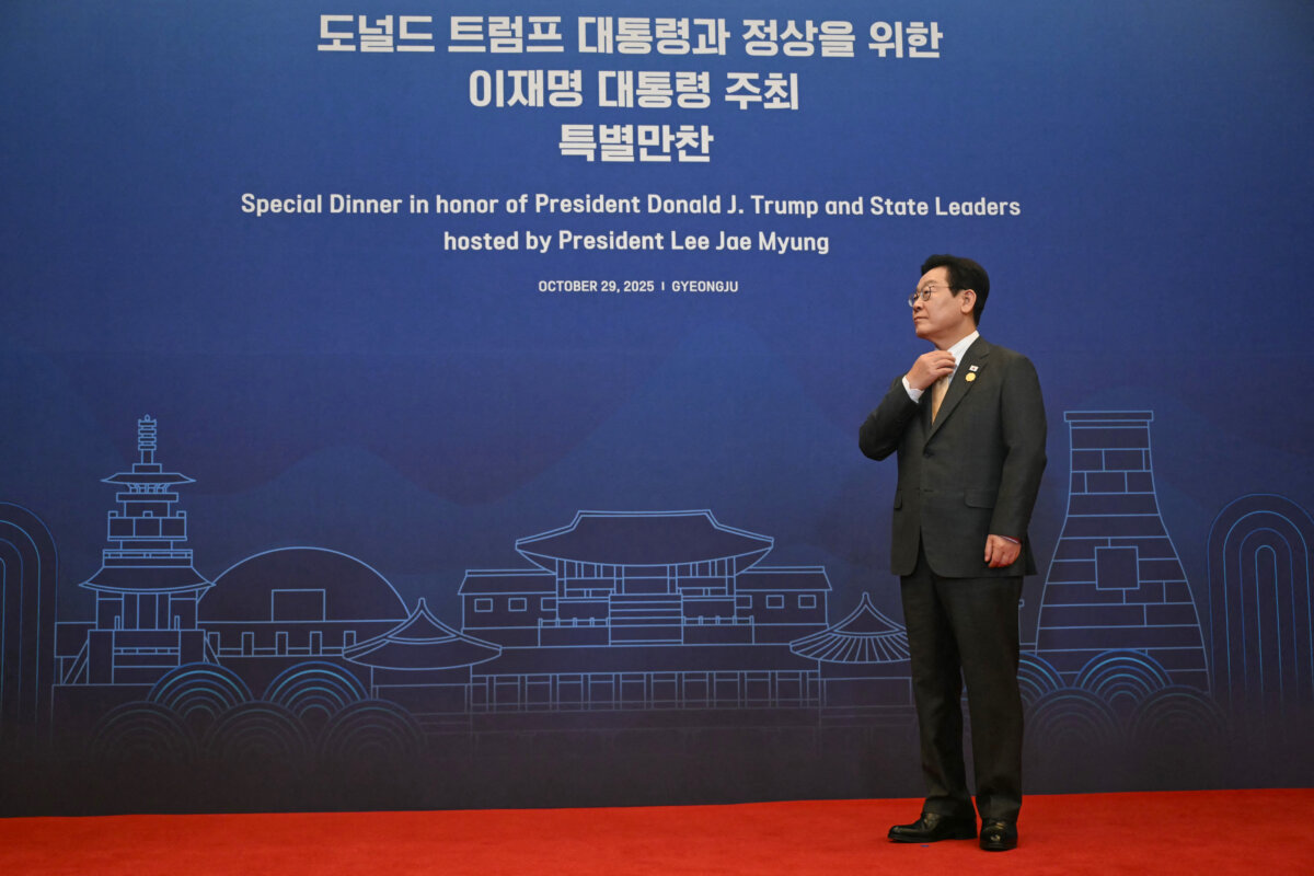 South Korea's President Lee Jae Myung prepares to receive leaders for a special dinner hosted in honour of U.S. President Donald Trump and leaders at the Hilton Gyeongju hotel in Gyeongju on Oct. 29, 2025. (Andrew Caballero-Reynolds / AFP via Getty Images)