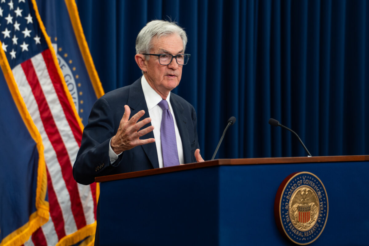 Federal Reserve Chair Jerome Powell speaks at a news conference following the Federal Open Market Committee meeting in Washington on Oct. 29, 2025. (Madalina Kilroy/The Epoch Times)