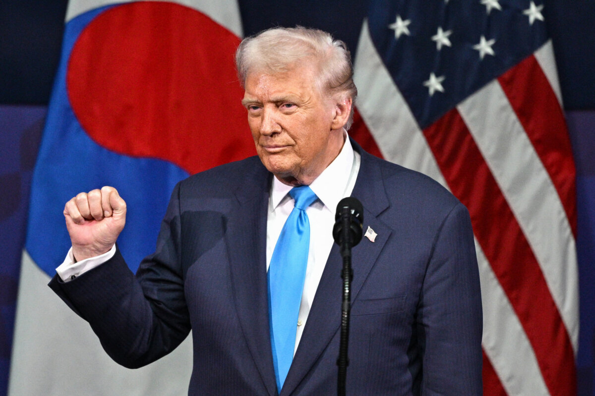President Donald Trump gestures as he speaks during the Asia-Pacific Economic Cooperation CEO Summit at the Gyeongju Arts Center in Gyeongju, South Korea, on Oct. 29, 2025. (Anthony Wallace/AFP via Getty Images)