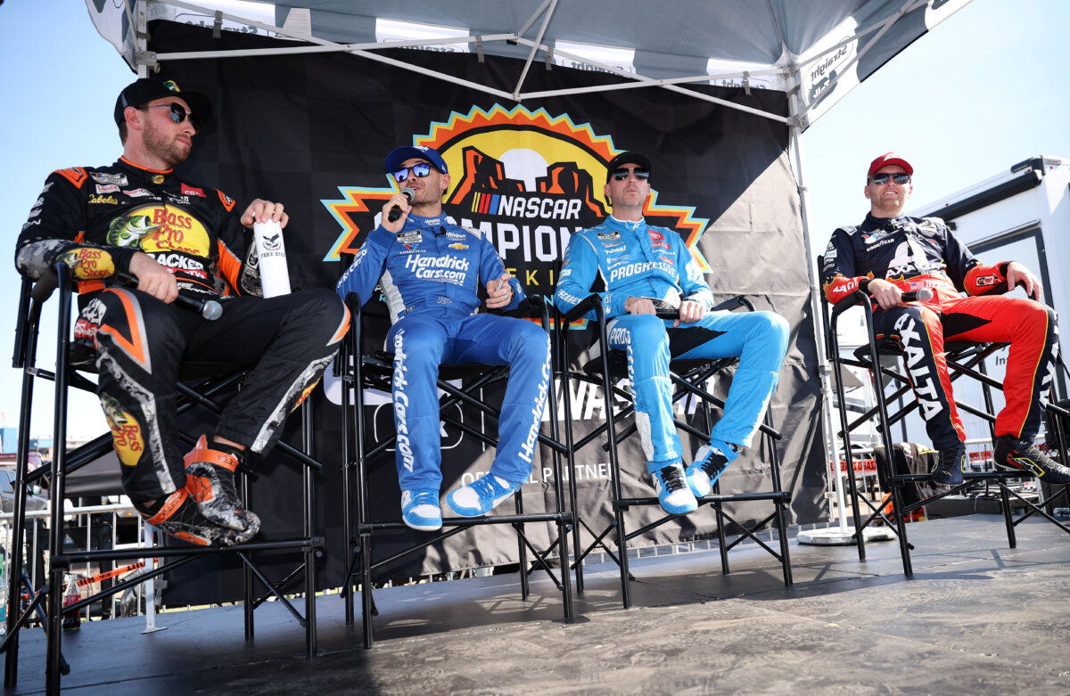 (L-R) 2025 NASCAR Cup Series Championship 4 drivers Chase Briscoe, Kyle Larson, Denny Hamlin, and William Byron attend a fan event during NASCAR Championship Media Day at Phoenix Raceway on Oct. 30, 2025. (James Gilbert/Getty Images)