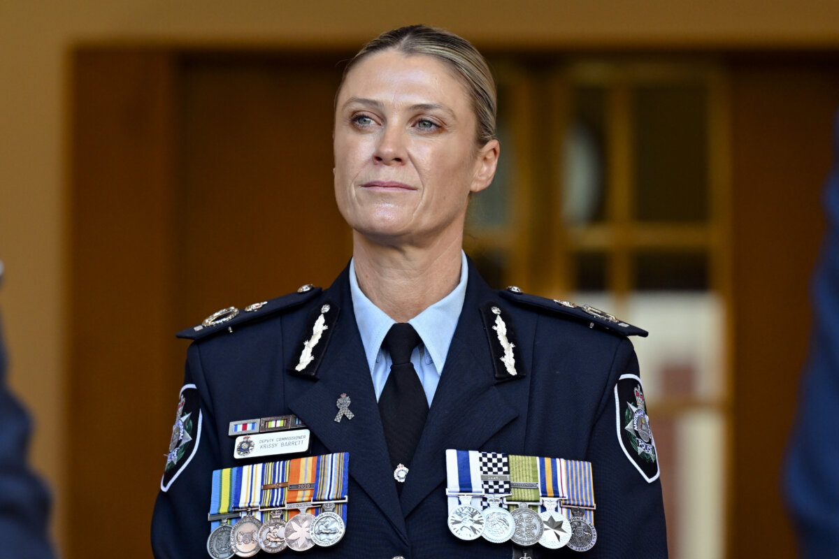 Australian Federal Police (AFP) Commissioner Krissy Barrett at a press conference at Parliament House in Canberra, Australia, Aug. 4, 2025. (AAP Image/Mick Tsikas)