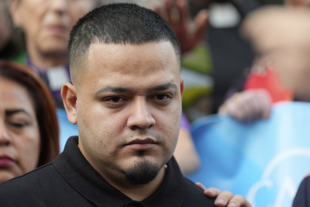 Kilmar Abrego Garcia joins supporters in a protest rally outside the Immigration and Customs Enforcement field office in Baltimore on Aug. 25, 2025. (Stephanie Scarbrough/AP Photo)
