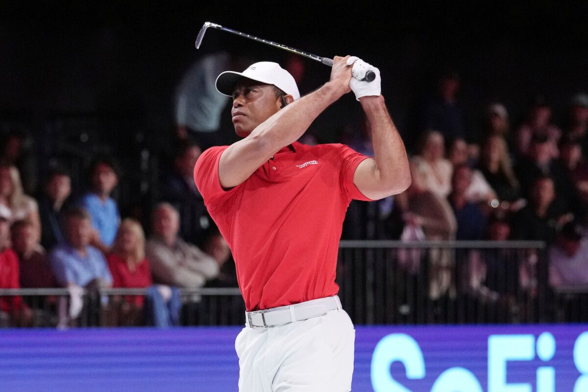 Tiger Woods of the Jupiter Links Golf Club tees off from the 12th hole during a match against the Los Angeles Golf Club in Palm Beach Gardens, Fla., on Jan. 14, 2025. (Marta Lavandier/AP Photo)