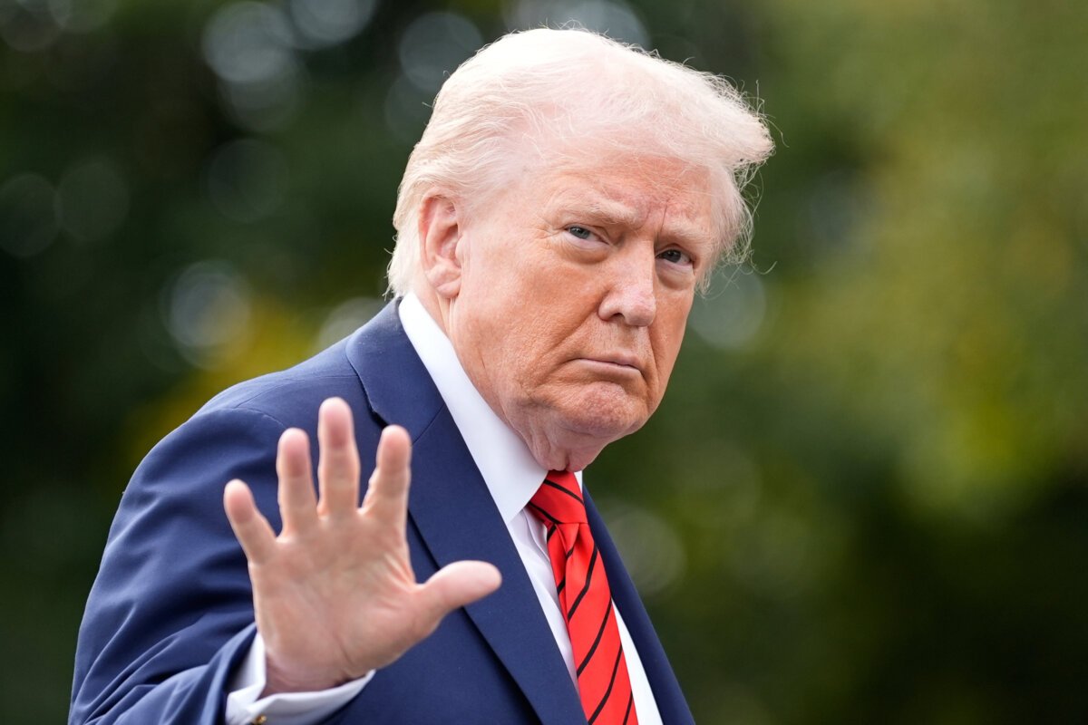 President Donald Trump walks on the South Lawn after arriving on Marine One at the White House on Oct. 10, 2025. (AP Photo/Alex Brandon)