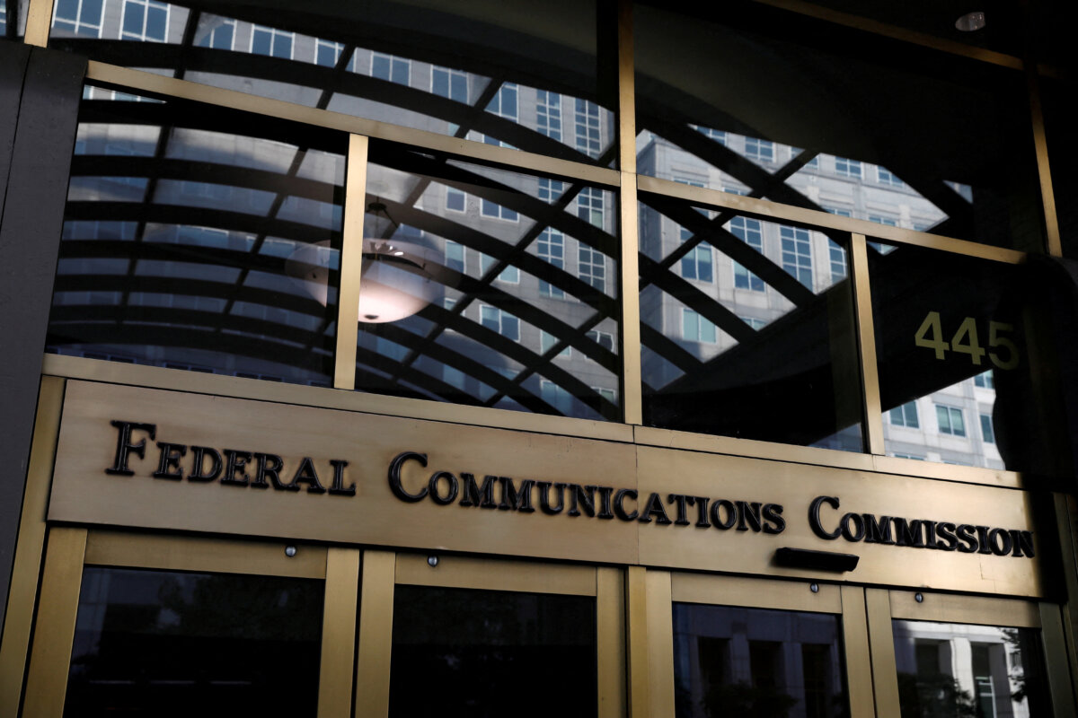 Signage is seen at the headquarters of the Federal Communications Commission in Washington, D.C., on Aug. 29, 2020. (Andrew Kelly/Reuters)