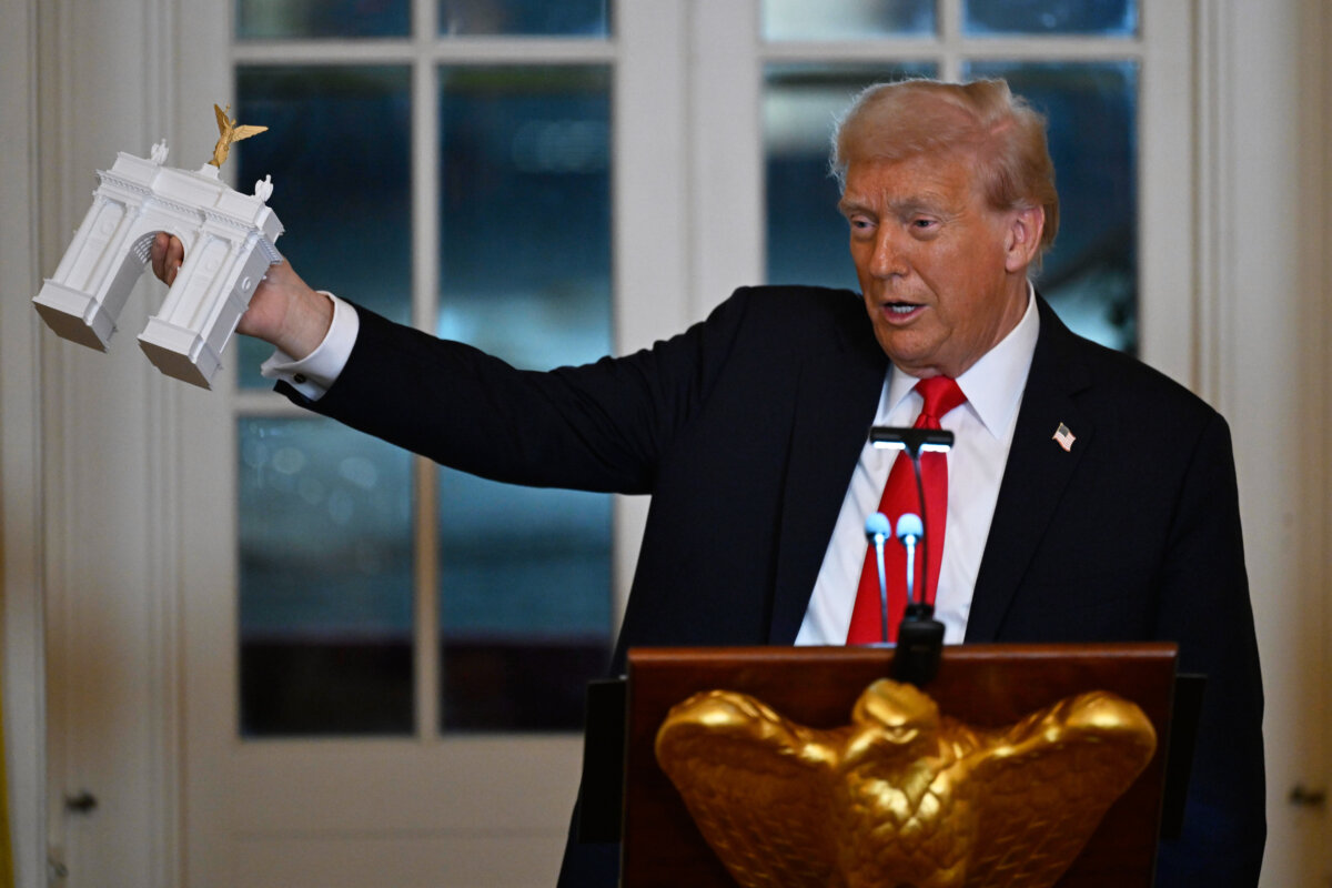 President Donald Trump addresses a dinner for donors who have contributed to build the new ballroom at the White House, on Oct. 15, 2025. (John McDonnell /AP Photo)