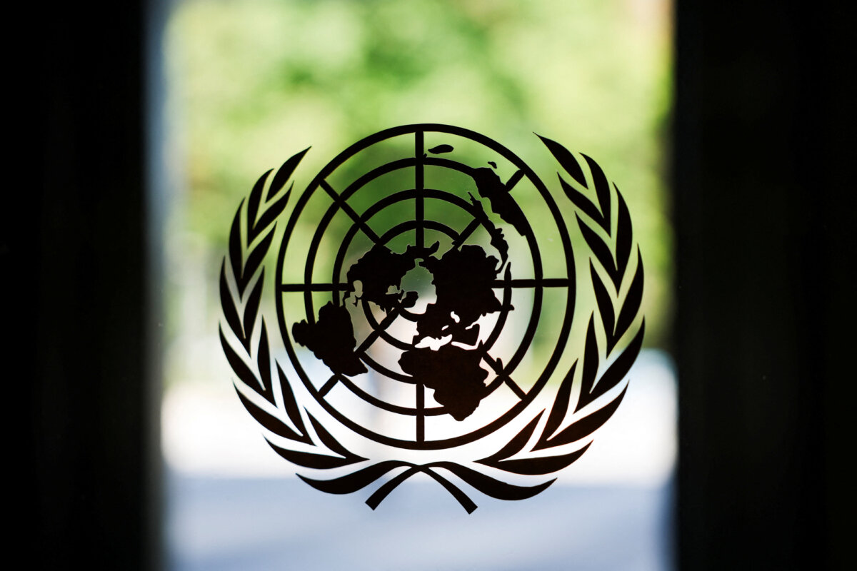 The U.N. logo adorns a window at U.N. headquarters in New York City on Sept. 18, 2025. (Jeenah Moon/Reuters)