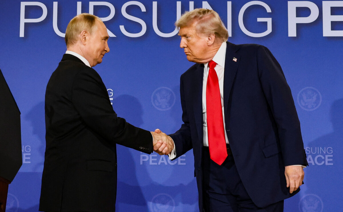 President Donald Trump and Russian President Vladimir Putin at a press conference following their meeting to negotiate an end to the war in Ukraine, at Joint Base Elmendorf-Richardson in Anchorage, Alaska, on Aug. 15, 2025. (Kevin Lamarque/Reuters)