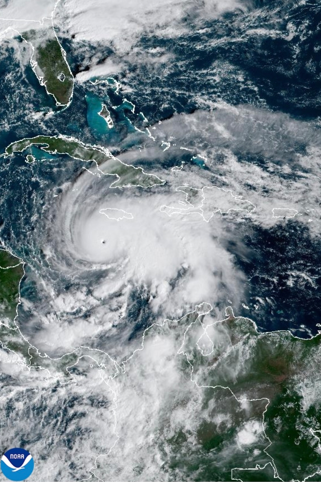 This satellite image provided by the National Oceanographic and Atmospheric Administration shows Hurricane Melissa on Oct. 27, 2025. (NOAA via AP)