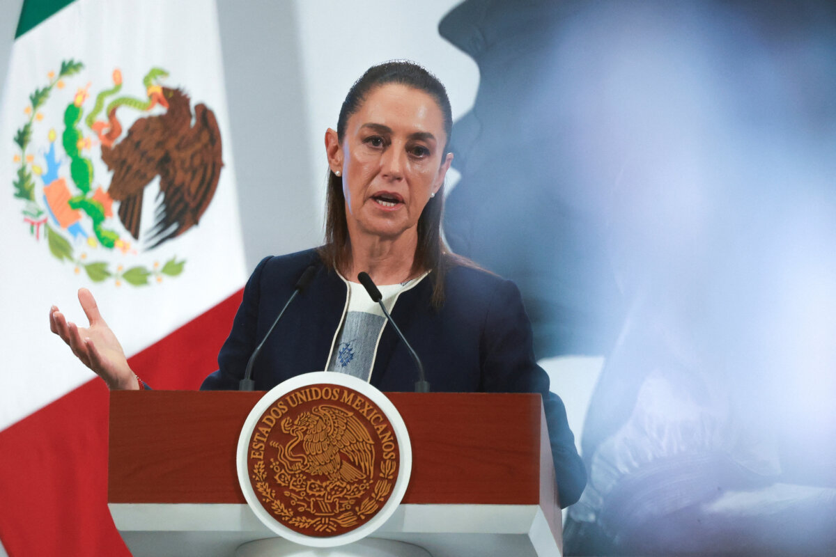 Mexican President Claudia Sheinbaum speaks during a news conference in Mexico City on July 14, 2025. (Raquel Cunha/Reuters)