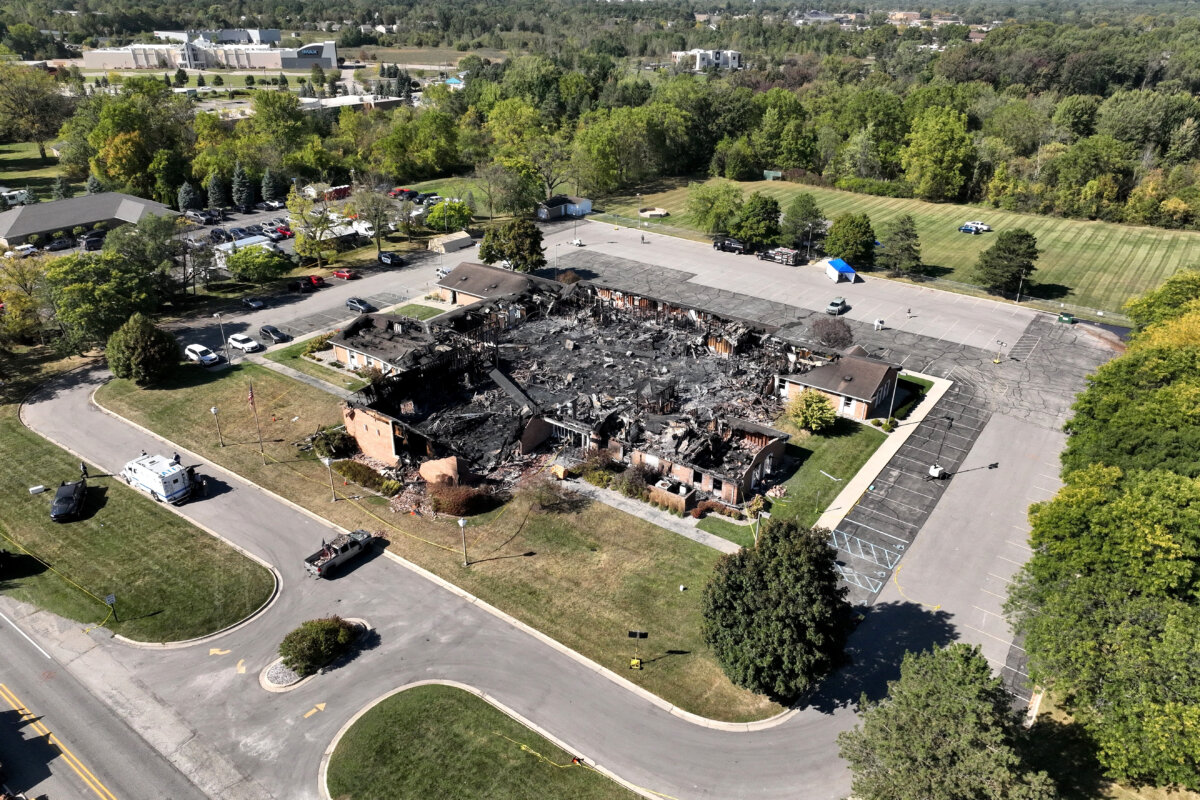 Little remained of The Church of Jesus Christ of Latter-day Saints chapel the day after a former Marine opened fire and set the building ablaze in Grand Blanc Township, Mich., on Sept. 29, 2025. (Mark Vancleave/AP Photo)