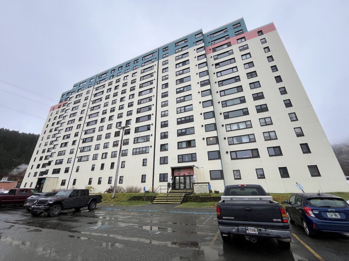 Begich Towers in Whittier, Alaska, on Nov. 4, 2025. About two-thirds of the city's 272 residents live inside the 14-story apartment building. (Allan Stein/The Epoch Times)