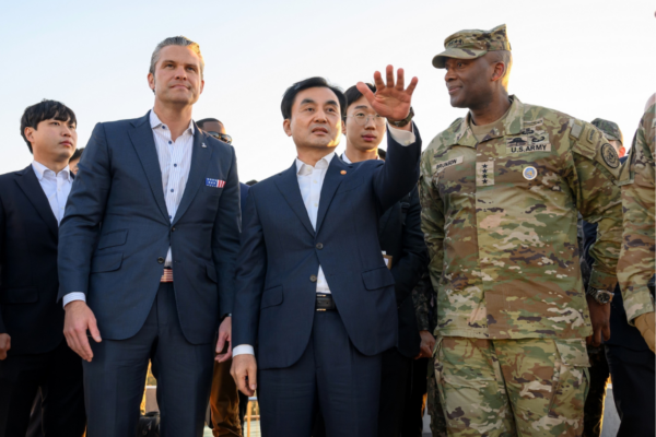 U.S. Secretary of War Pete Hegseth (second from left) and South Korean Defense Minister Ahn Gyu-back (C) visit the Observation Post Ouellette near the border village of Panmunjom, South Korea, on Nov. 3, 2025. (South Korea Defense Ministry via AP)