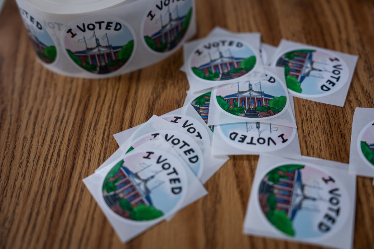 Voting stickers at polling place at Fairfax High School during the gubernatorial election in Fairfax, Va., on Nov. 4, 2025. (Madalina Kilroy/The Epoch Times)