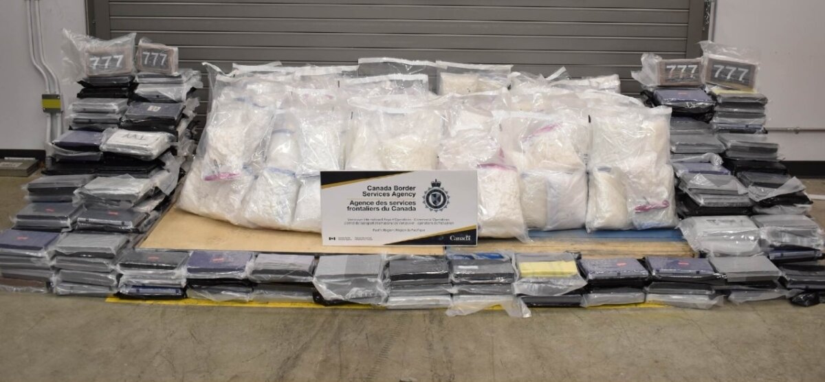 Canada Border Services Agency air cargo officers at the Vancouver International Airport seized 319 kilograms of cocaine and 241 kilograms of methamphetamine during an inspection on Sept. 3, 2025. (CBSA handout photo)