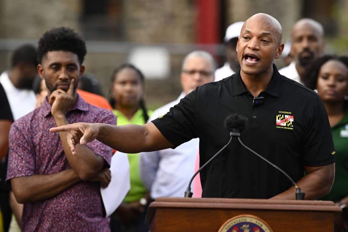Maryland Gov. Wes Moore speaks as Baltimore Mayor Brandon Scott listens during a news conference in Baltimore on Sept. 5, 2025. (Nick Wass/AP Photo)