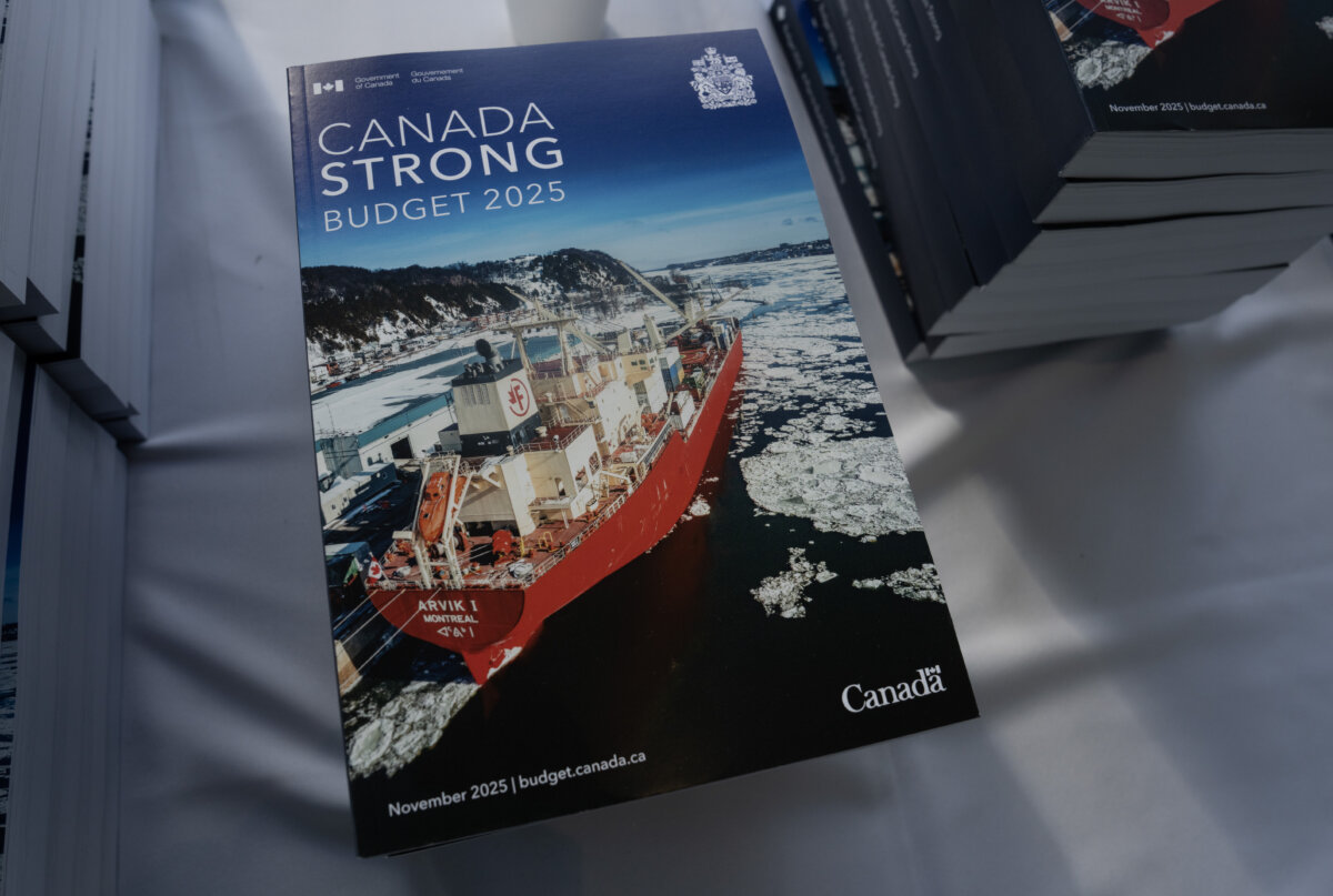 The federal budget document in Ottawa on Nov. 4, 2025. (The Canadian Press/Adrian Wyld)