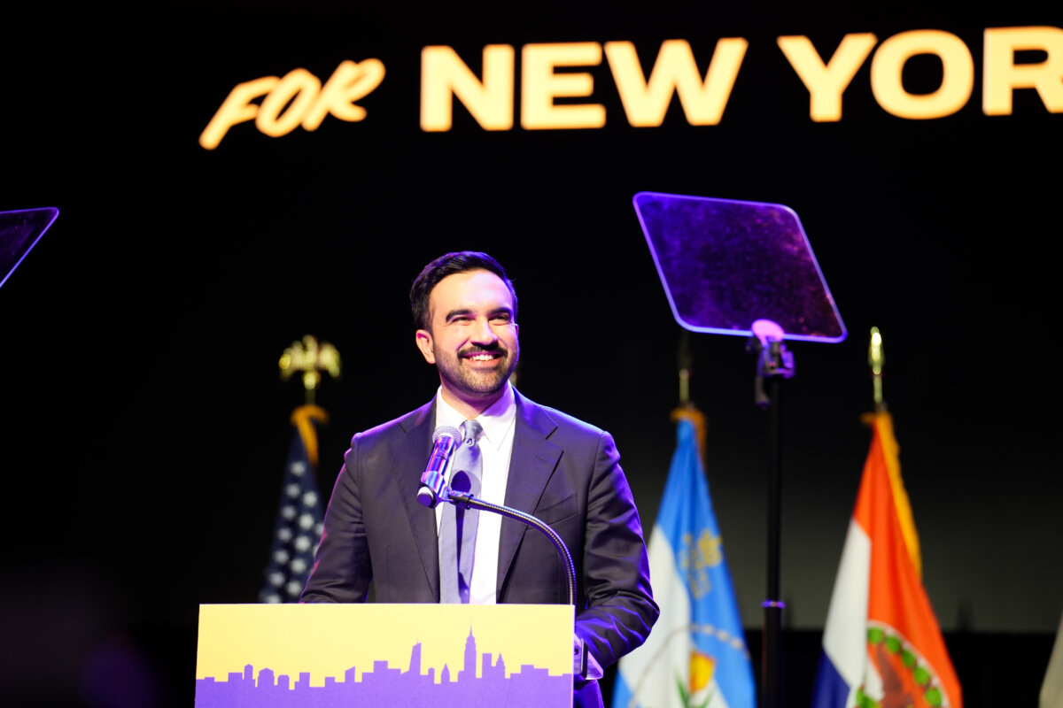 New York City Mayor-elect Zohran Mamdani speaks at the Brooklyn Paramount Theater in the Brooklyn borough of New York City on Nov. 4, 2025. (Adhiraj Chakrabarti for The Epoch Times)