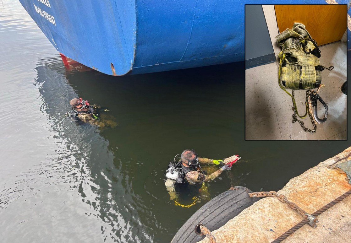 U.S. Border Patrol's BORSTAR divers check below the waterline for drugs beneath a ship at the port of Miami, Fla., on Sept. 23, 2025. (Courtesy of U.S. Border Patrol)