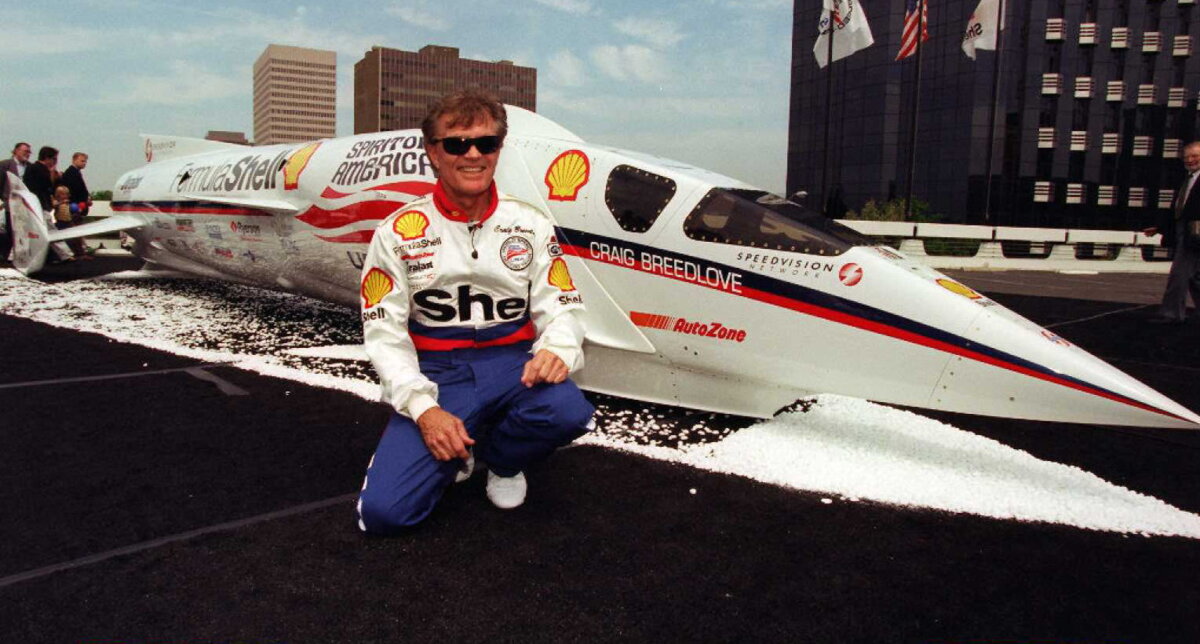 Five-time world land speed record holder Craig Breedlove with his 1996 model of "Spirit of America" jet-powered car in Los Angeles. (Kim Kulish /AFP via Getty Images)