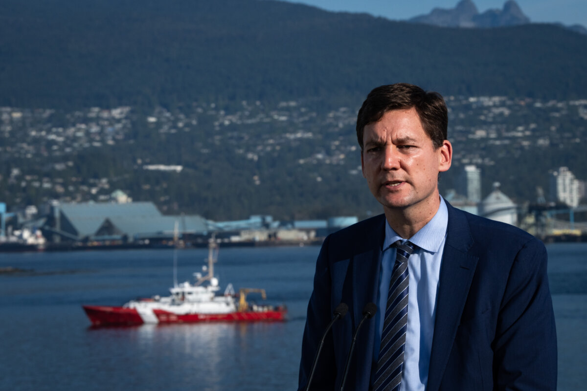 B.C. Premier David Eby speaks during a Ksi Lisims LNG announcement of an environmental assessment certificate from the Government of British Columbia in Vancouver, on Sept. 16, 2025. (The Canadian Press/Ethan Cairns)