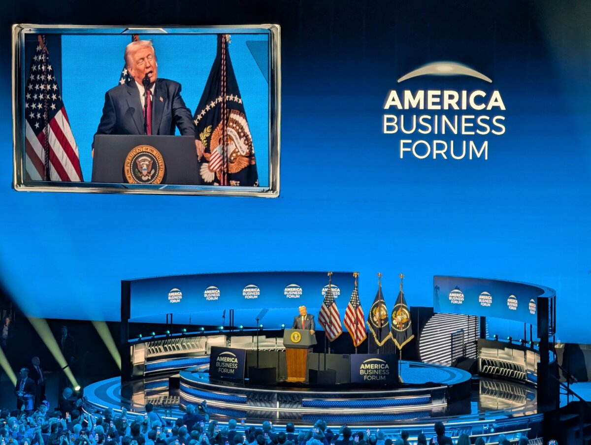 President Donald Trump speaks at the America Business Forum in Miami on Nov. 5, 2025. (Jacob Burg/The Epoch Times)