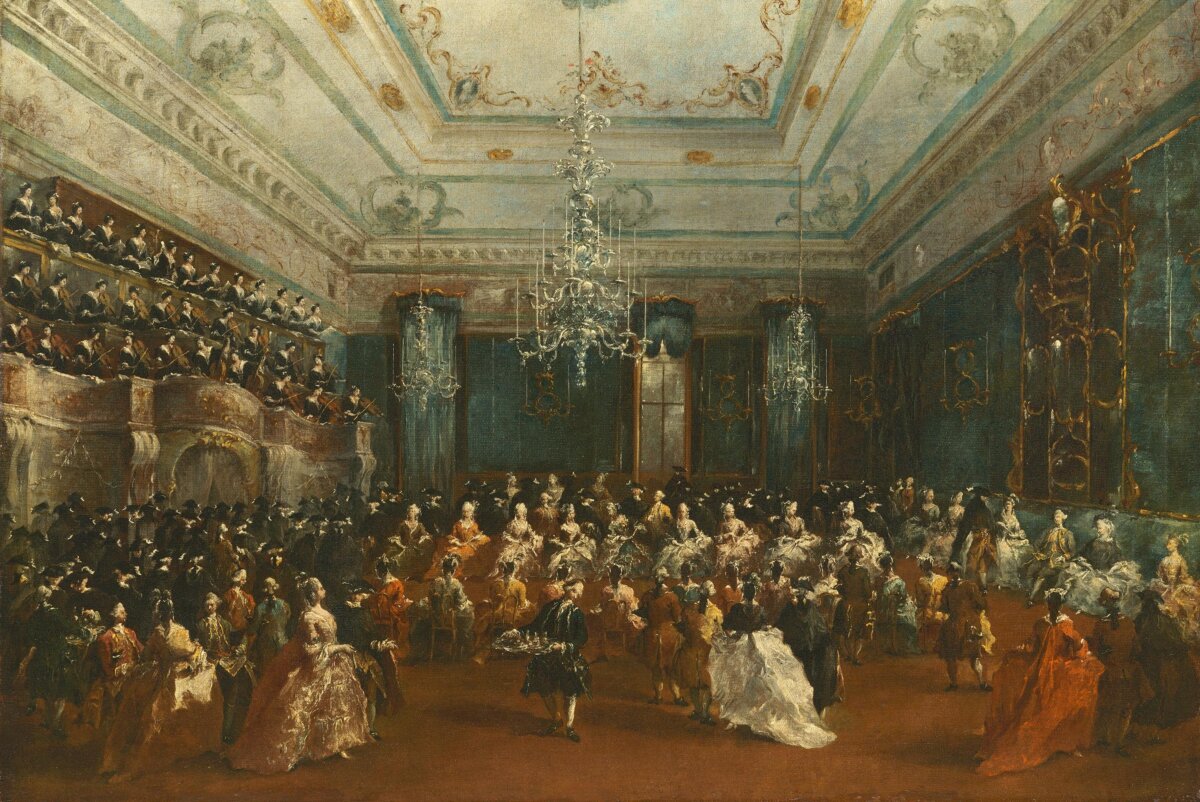 "Venetian Gala Concert," 1782, by Francesco Guardi. The painting depicts a Gala concert given in Venice for the Tsarevich Paul of Russia and his wife, Maria Feodorovna, by women of the Ospedale della Pietà. Alte Pinakothek, Bavarian State Painting Collections, Munchen. Cropped imaged. (Public Domain)