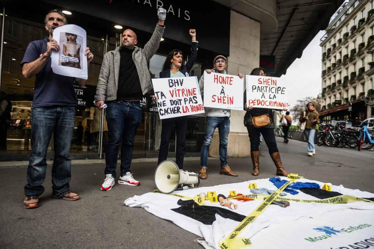 Protesters in front of the BHV department store in Paris on Nov. 3, 2025. (Magali Cohen/Hans Lucas/AFP via Getty Images)