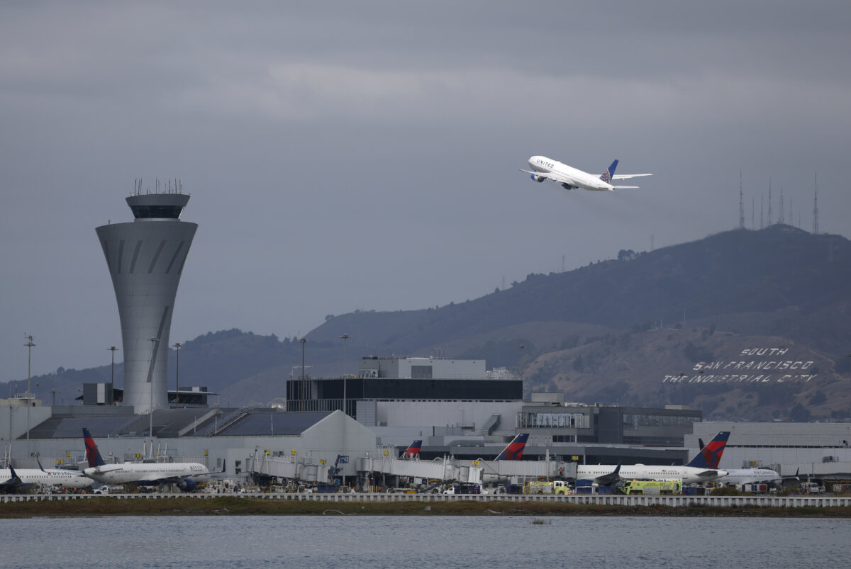 A United Airlines plane takes off from San Francisco International Airport in San Francisco on Oct. 8, 2025. (Justin Sullivan/Getty Images)