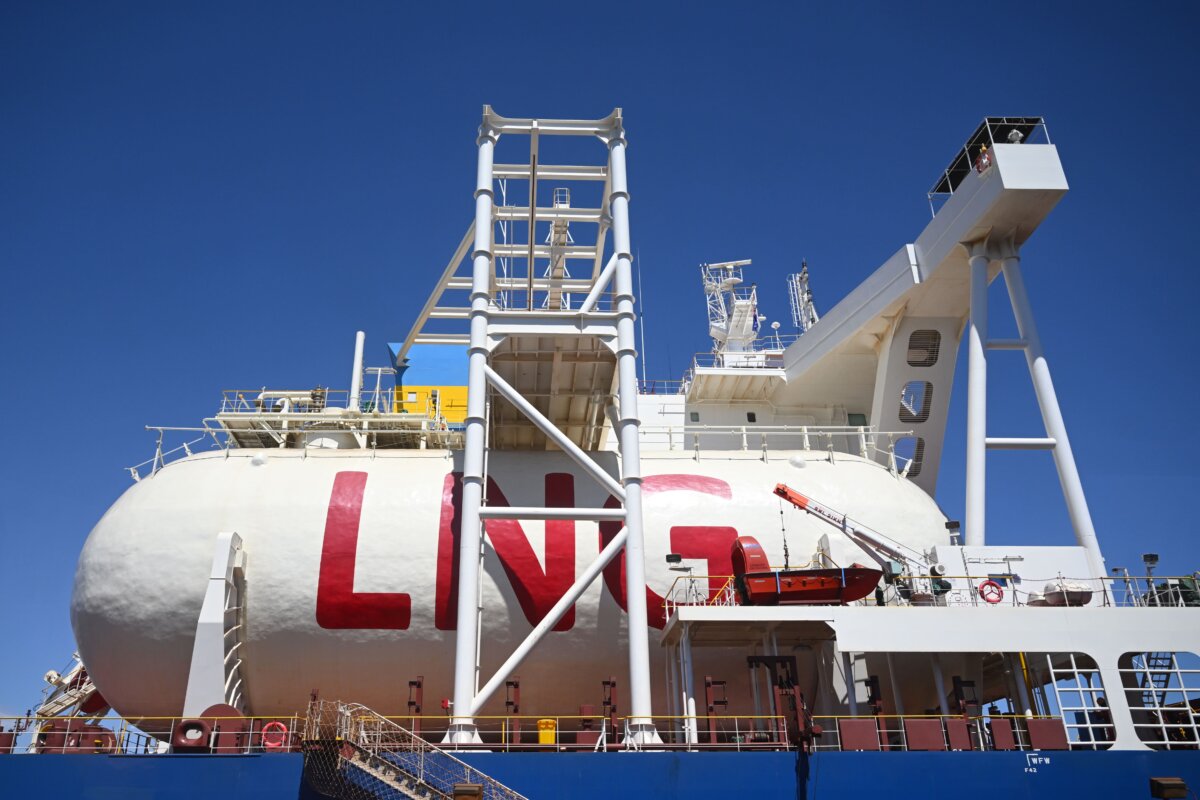 A ship carrying LNG gas is seen at Rio Tinto’s Dampier Port in Karratha, Australia, on April 11, 2025. (AAP Image/Lukas Coch)