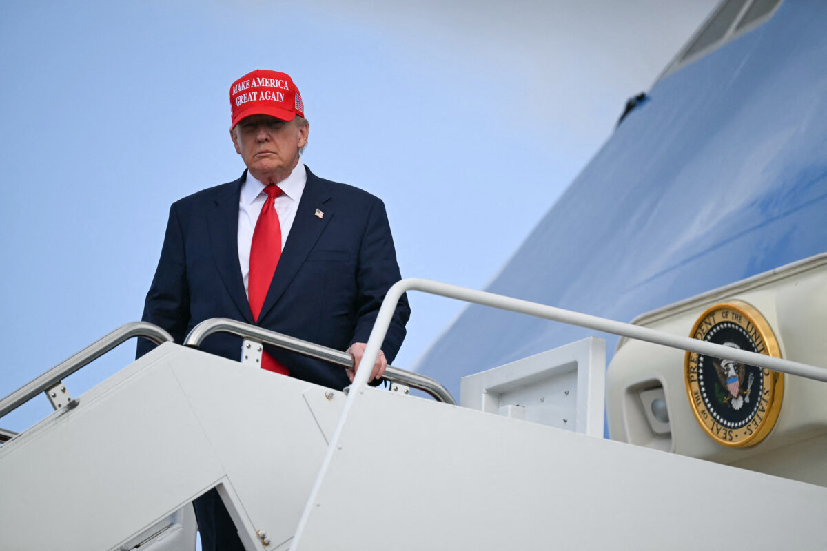 President Donald Trump steps off Air Force One upon arrival at Joint Base Andrews, Md., on Oct. 30, 2025. (Andrew Caballero-Reynolds/AFP/Getty Images)