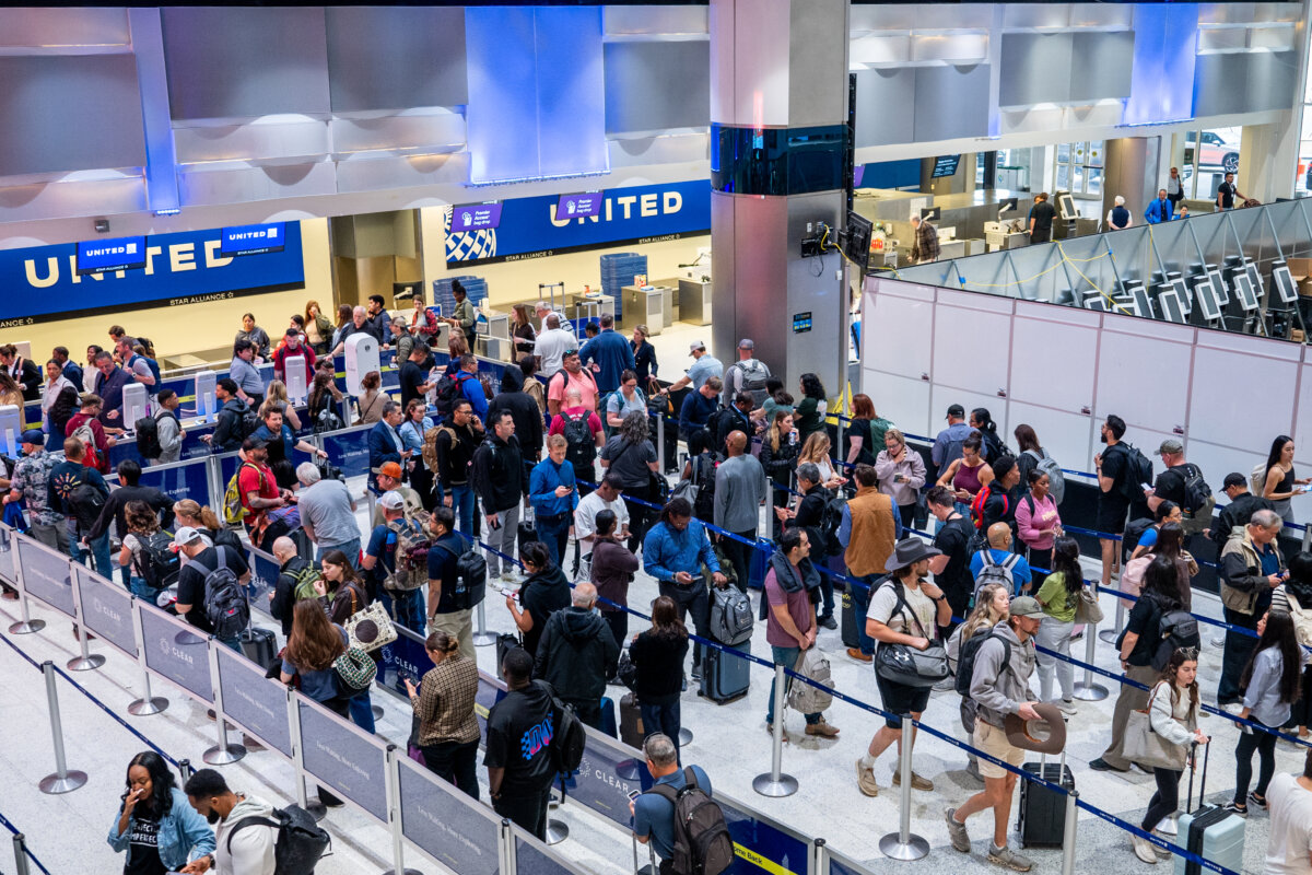 People wait in the Terminal A lobby at the George Bush Intercontinental Airport in Houston, Texas, on Nov. 6, 2025. (Brandon Bell/Getty Images)