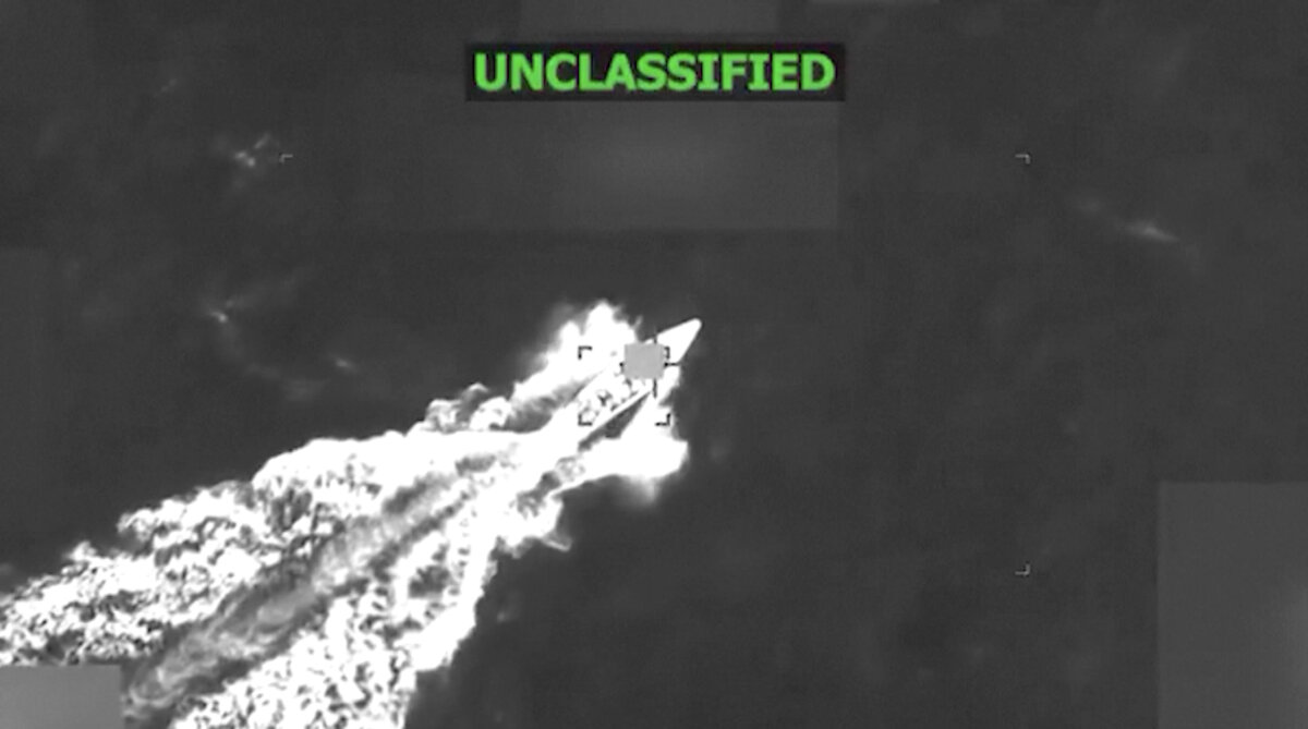 A still from footage of a strike on an alleged drug boat in the Caribbean on Nov. 6, 2025. (@SecWar/X)