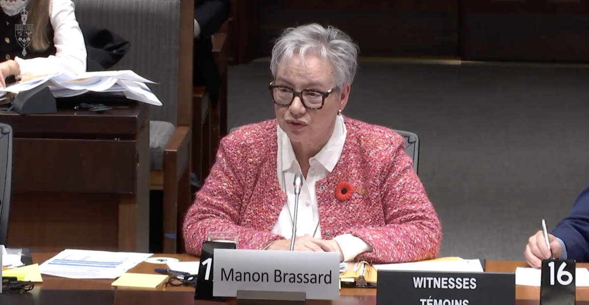 Immigration and Refugee Board (IRB) chair Manon Brassard testifies before a House of Commons immigration committee on Thursday, Nov. 6, 2025.(House of Commons/Screenshot via The Epoch Times)