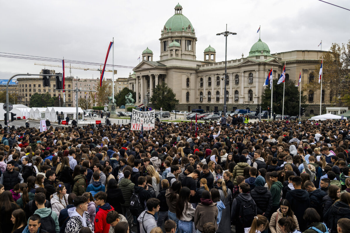 Students gather in front of the Serbian National Assembly building in Belgrade, Serbia, on Nov. 7, 2025, to show support for Dijana Hrka, the mother of one of the victims of the Novi Sad train station tragedy. Hrka has entered the sixth day of her hunger strike, demanding justice for all the victims of the Nov. 1, 2024, collapse of the canopy at the newly renovated railway station, that killed 16 people. (Andrej Isakovic/AFP via Getty Images)