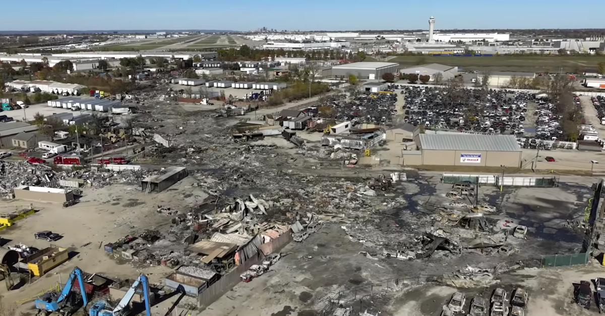 The National Transportation Safety Board released an aerial view of the UPS cargo plane crash scene in Louisville, KY on Nov, 7, 2025. ( NTSB / YouTube )