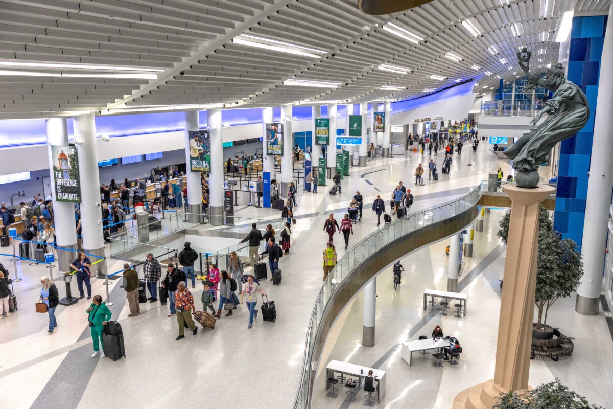 Security lines are shown at normal volume for the day and time at Charlotte-Douglas International Airport's departures level in Charlotte, N.C., on Nov. 9, 2025. (Grant Baldwin/Getty Images)